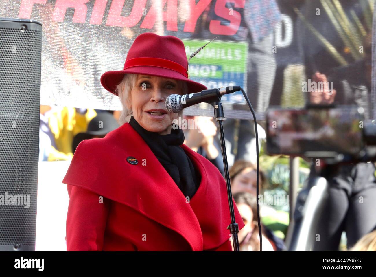 Los Angeles, USA. 8th Feb, 2020. Actress Jane Fonda speaks during the Fire Drill Fridays rally in Los Angeles, the United States, Feb. 7, 2020. Jane Fonda led the Fire Drill Fridays rally, calling for action to address climate change. Credit: Xinhua/Alamy Live News Stock Photo