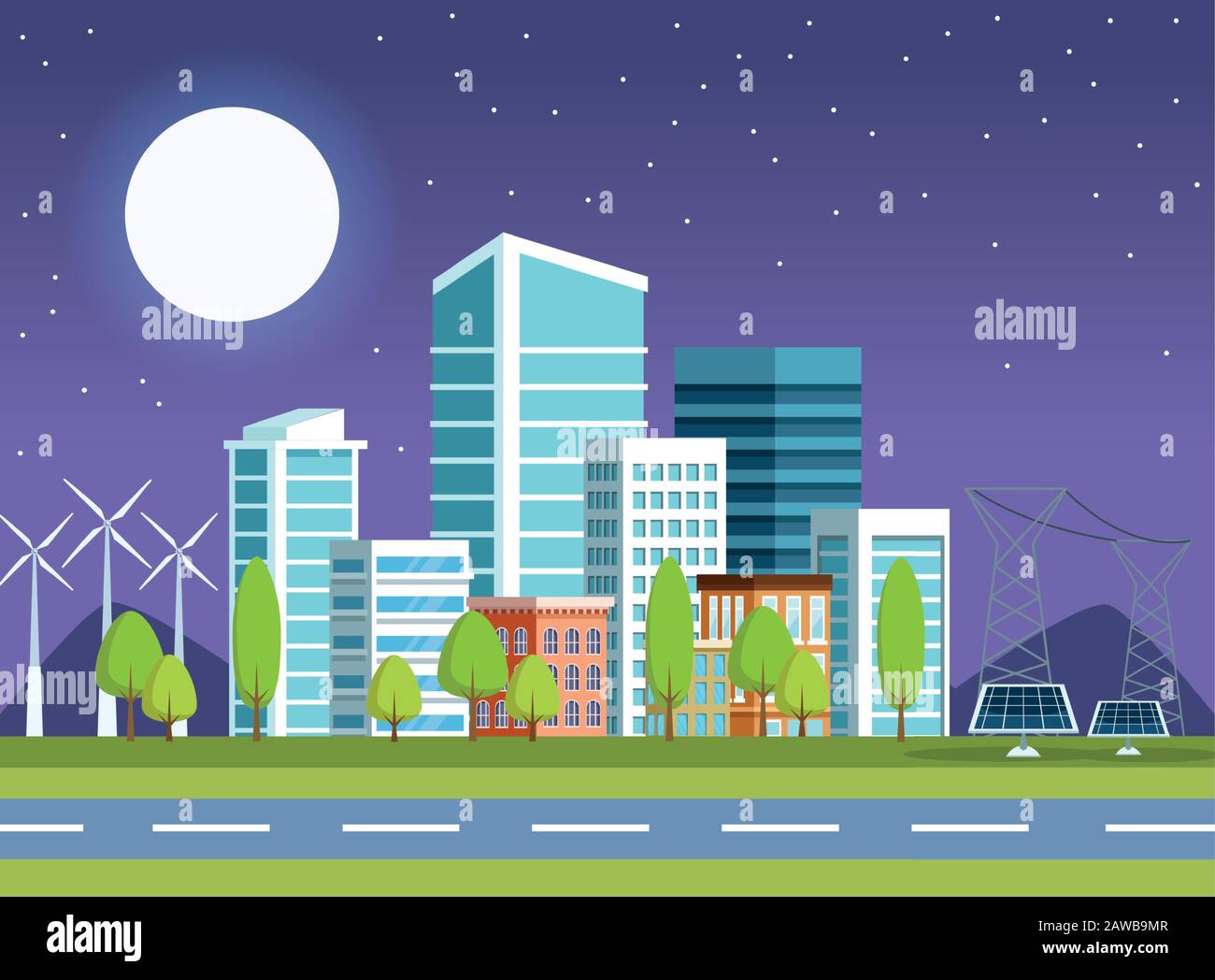 buildings and solar panels at night cityscape scene Stock Vector Image