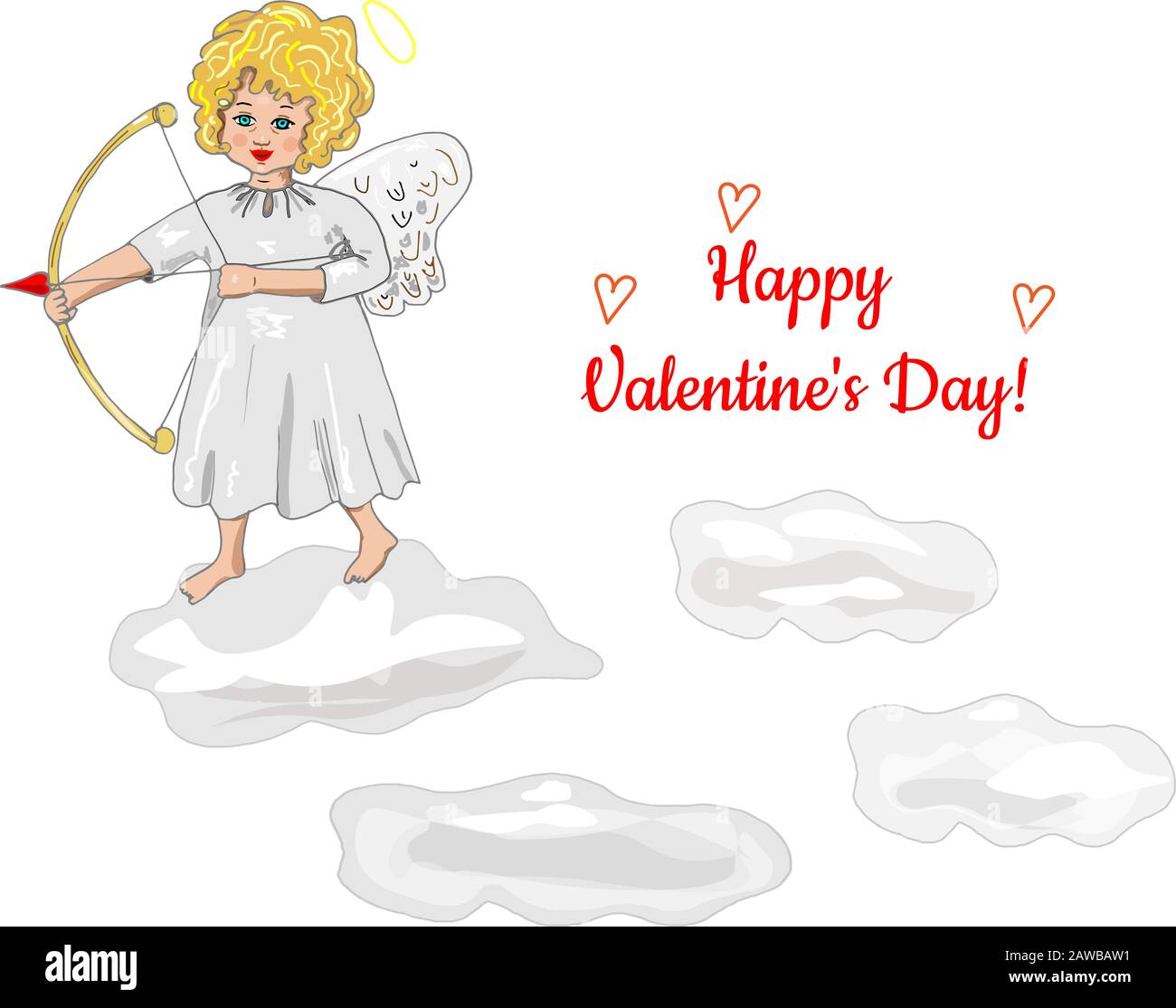 Cupid with arrows post card Happy Valentine's Day. Cupid in the clouds