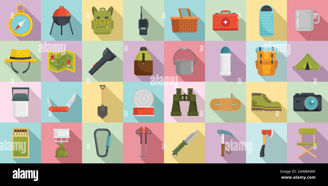 Hiking icons set. Flat set of hiking vector icons for web design Stock Vector