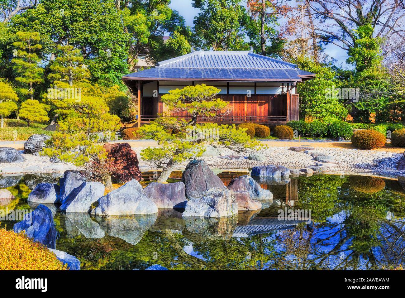 WOoden pavilion in traditional japanese garden with pond and pine trees on a sunny day in Kyoto city Nijo park. Stock Photo