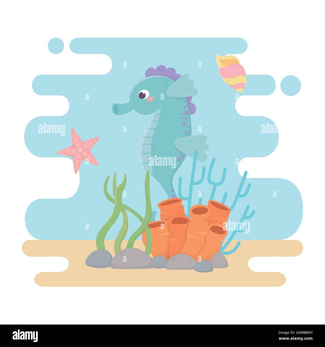 seahorse starfish snail life coral reef cartoon under the sea vector illustration Stock Vector