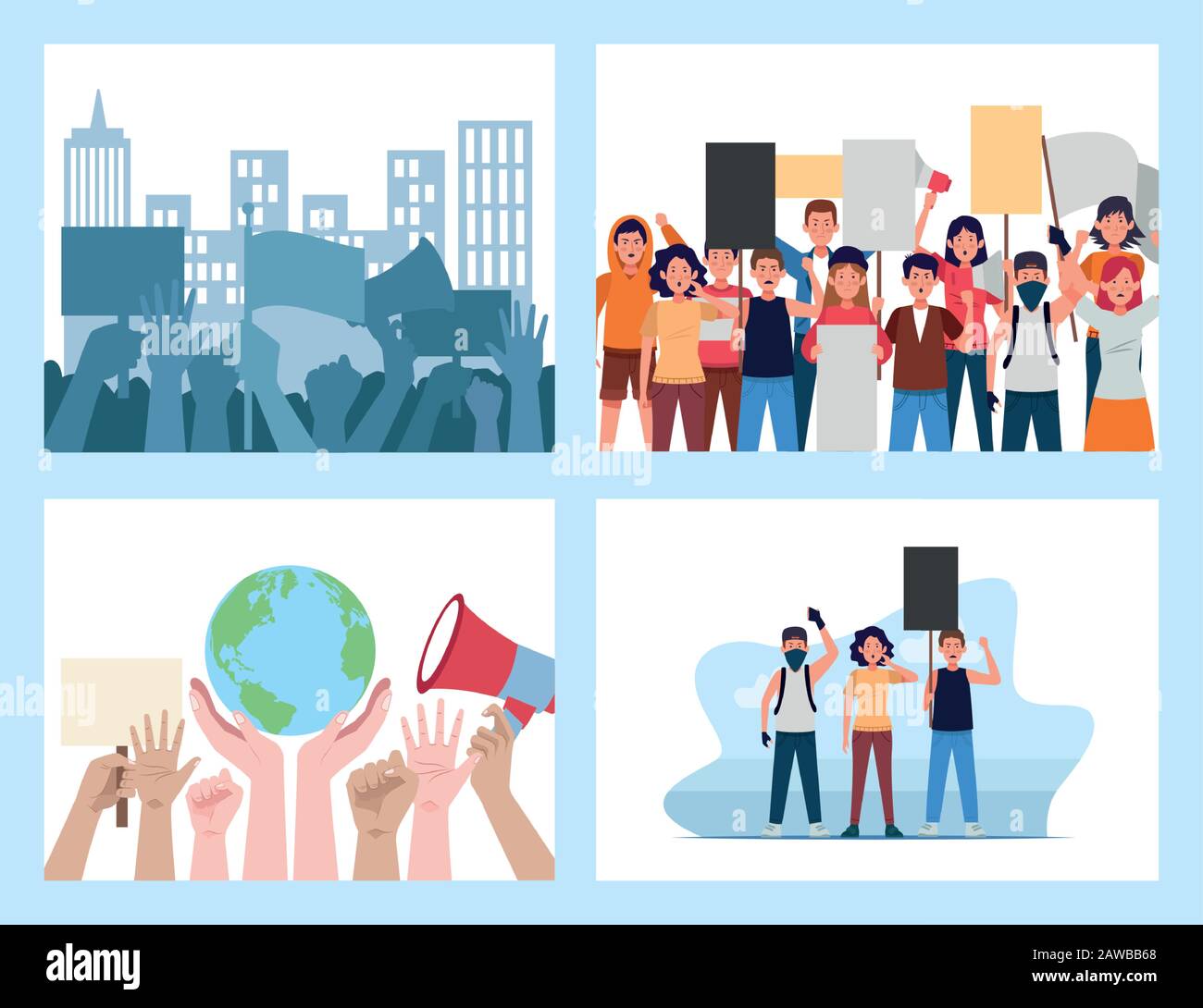 set of protesting people with banners and megaphones scenes Stock ...