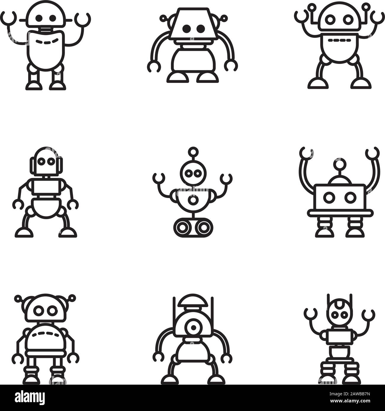 robot technology character artificial machine icons set linear vector illustration Stock Vector