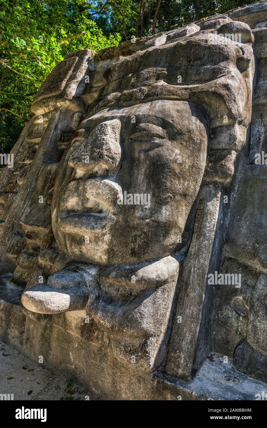 Mask of man, Mask Temple at Lamanai, Maya ruins, rainforest near Indian Church village, Orange Walk District, Belize Stock Photo