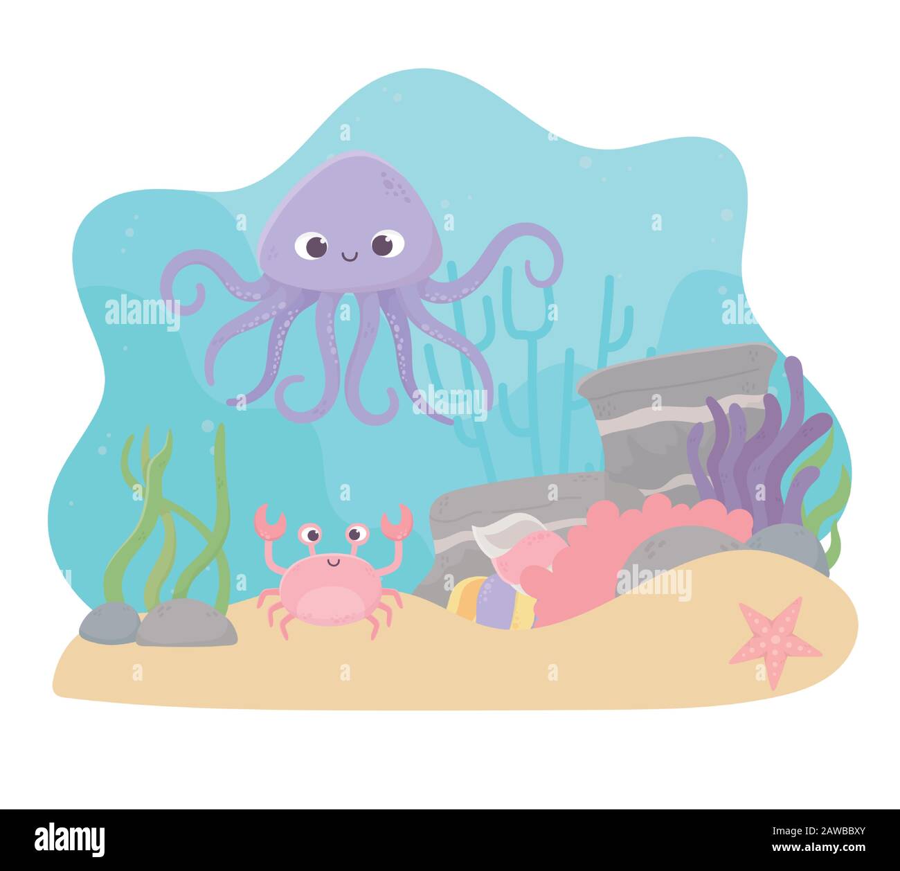 octopus crab starfish sand life coral reef cartoon under the sea vector illustration Stock Vector