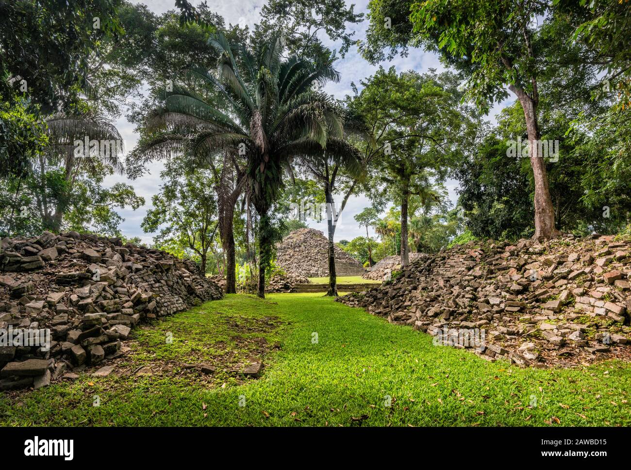 East Ballcourt at Lubaantun, Maya ruins, rainforest in Maya Mountains, near village of San Pedro Columbia, Toledo District, Belize Stock Photo