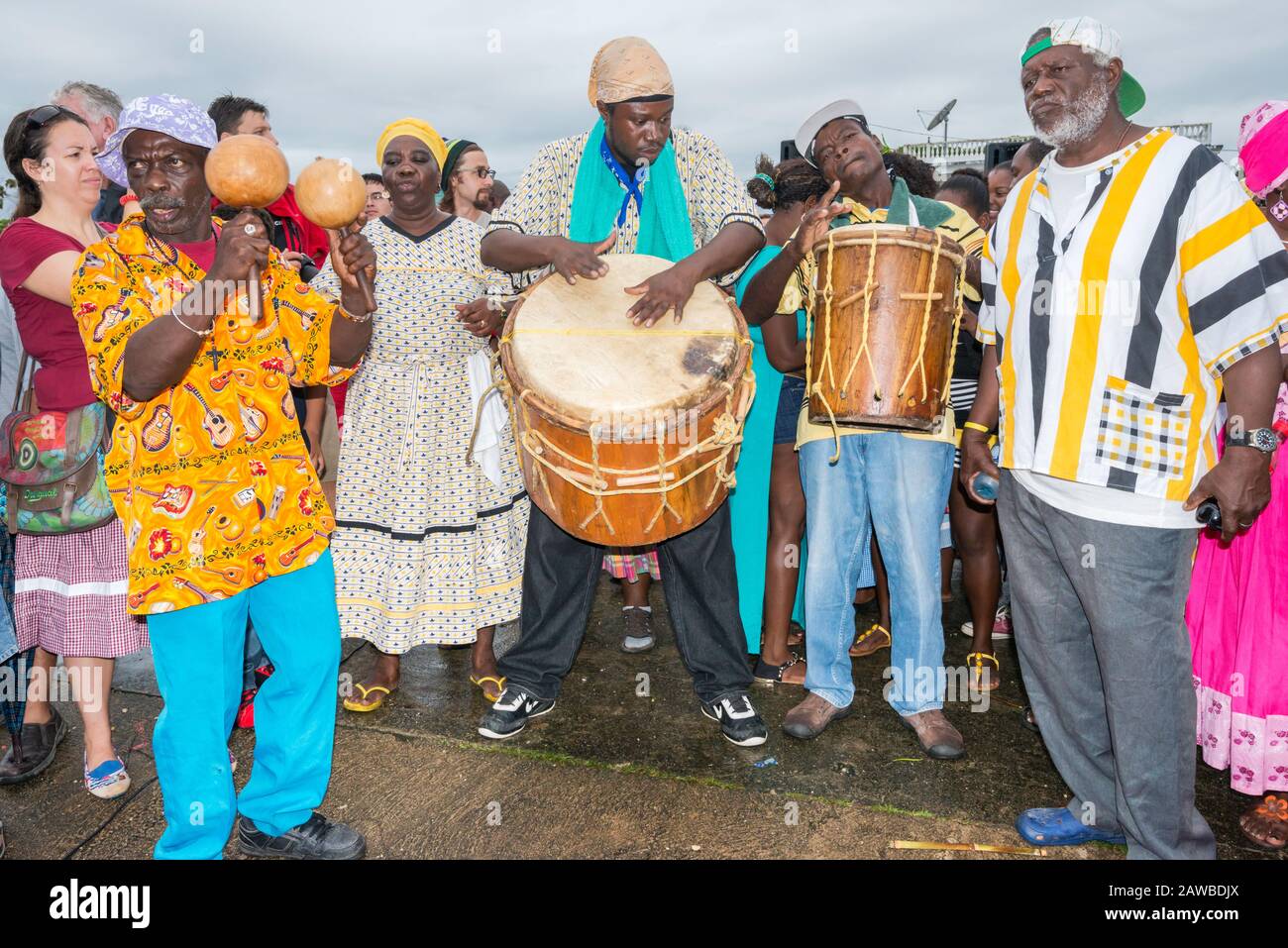 Drummers at Battle of the Drums performance, annual Garifuna Settlement