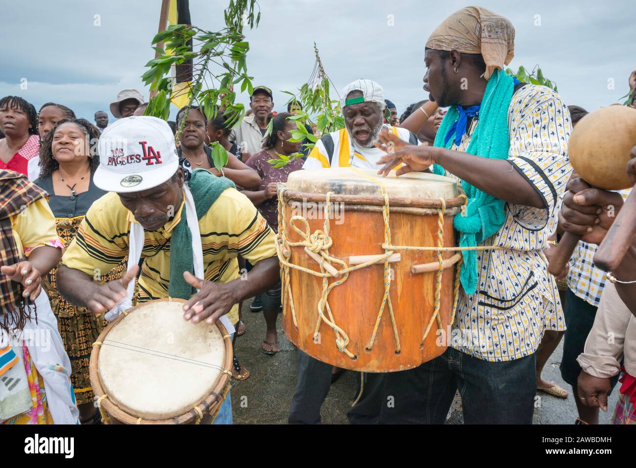 Drummers at Battle of the Drums performance, annual Garifuna Settlement