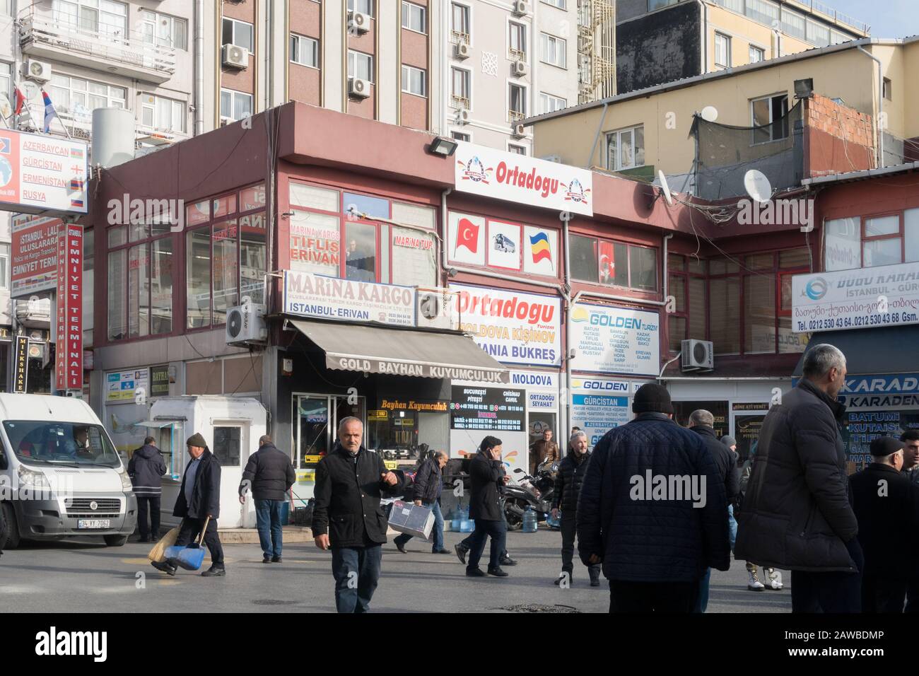 Istanbul, Turkey - Jan 17, 2020: Tourists traveling to the Balkans, Armenia, Georgia or Iran wait to board a coach and load their bags at the bus term Stock Photo