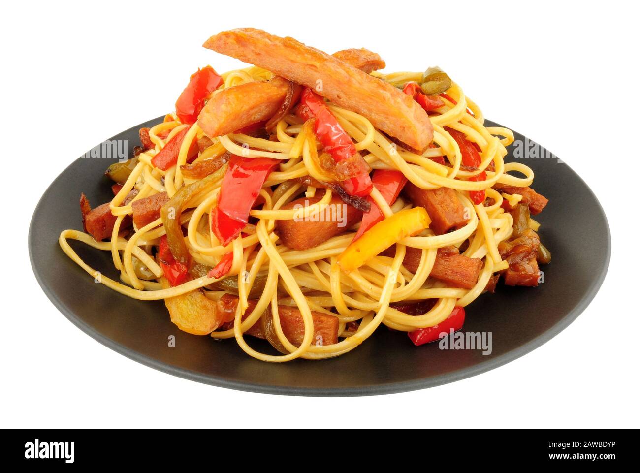 Spam meat stir fry with noodles and vegetables isolated on a white