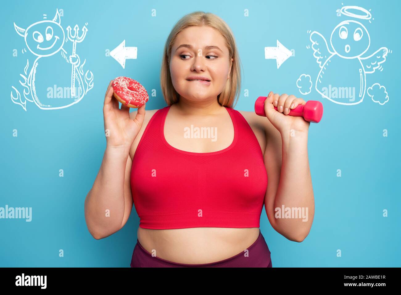 Fat girl thinks to eat donuts instead of does gym. Concept of indecision and doubt with angel and devil suggestion Stock Photo