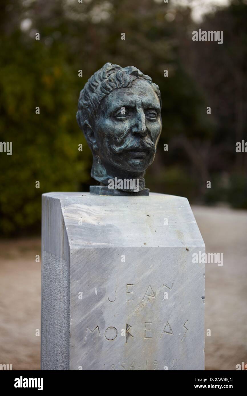 Jean Moréas, Ioannis A. Papadiamantopoulos, statue bust at national garden  Athens greece Stock Photo - Alamy