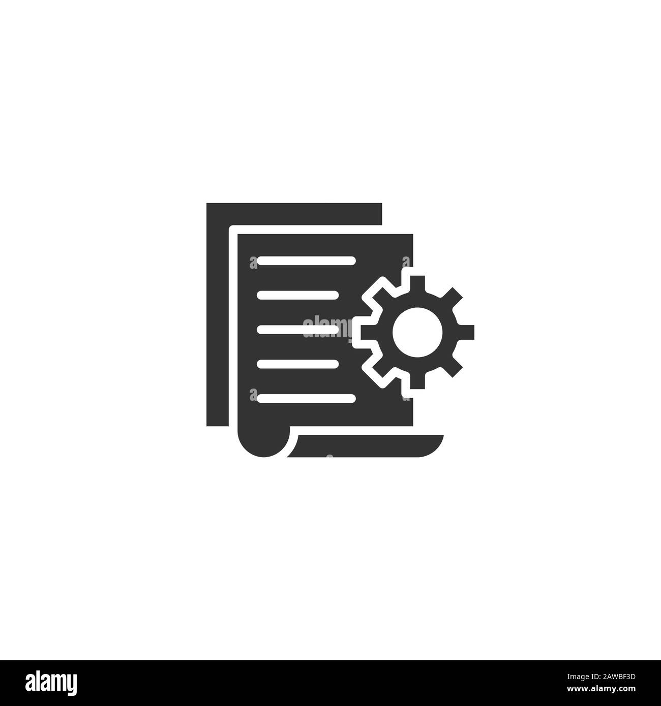 Document with gear icon in flat style. Big data processing vector illustration on white isolated background. Paper sheet software solution business co Stock Vector