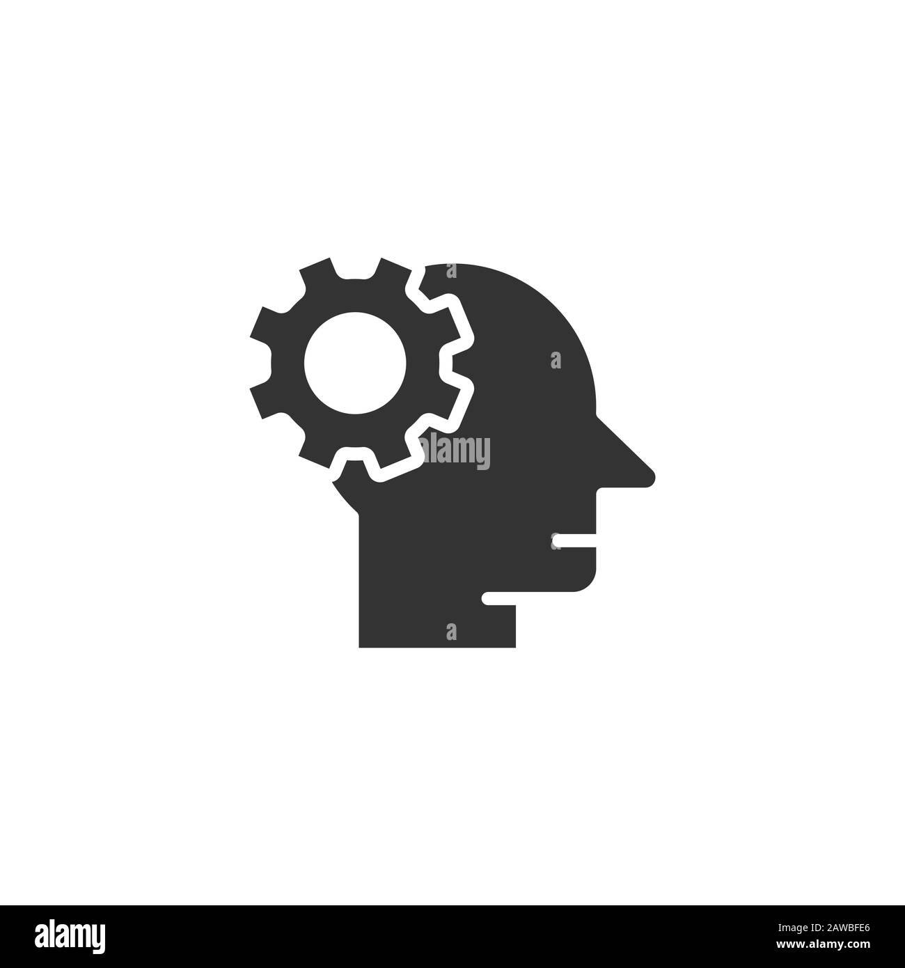 Human head with cogwheel icon in flat style. Technology progress vector illustration on white isolated background. Face and gear business concept. Stock Vector