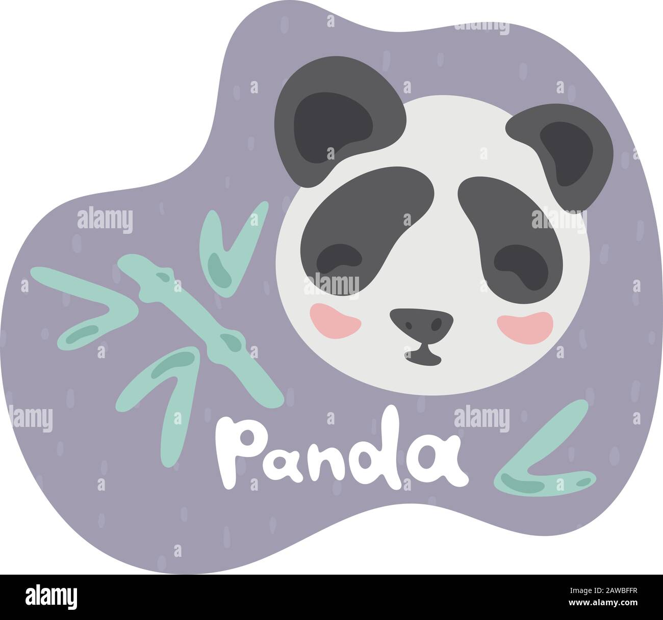 A little panda eats a bamboo and smiles. Kid panda in flat style. Text panda in violet speech bubble. Illustration for cards, animal abc, kids room Stock Vector