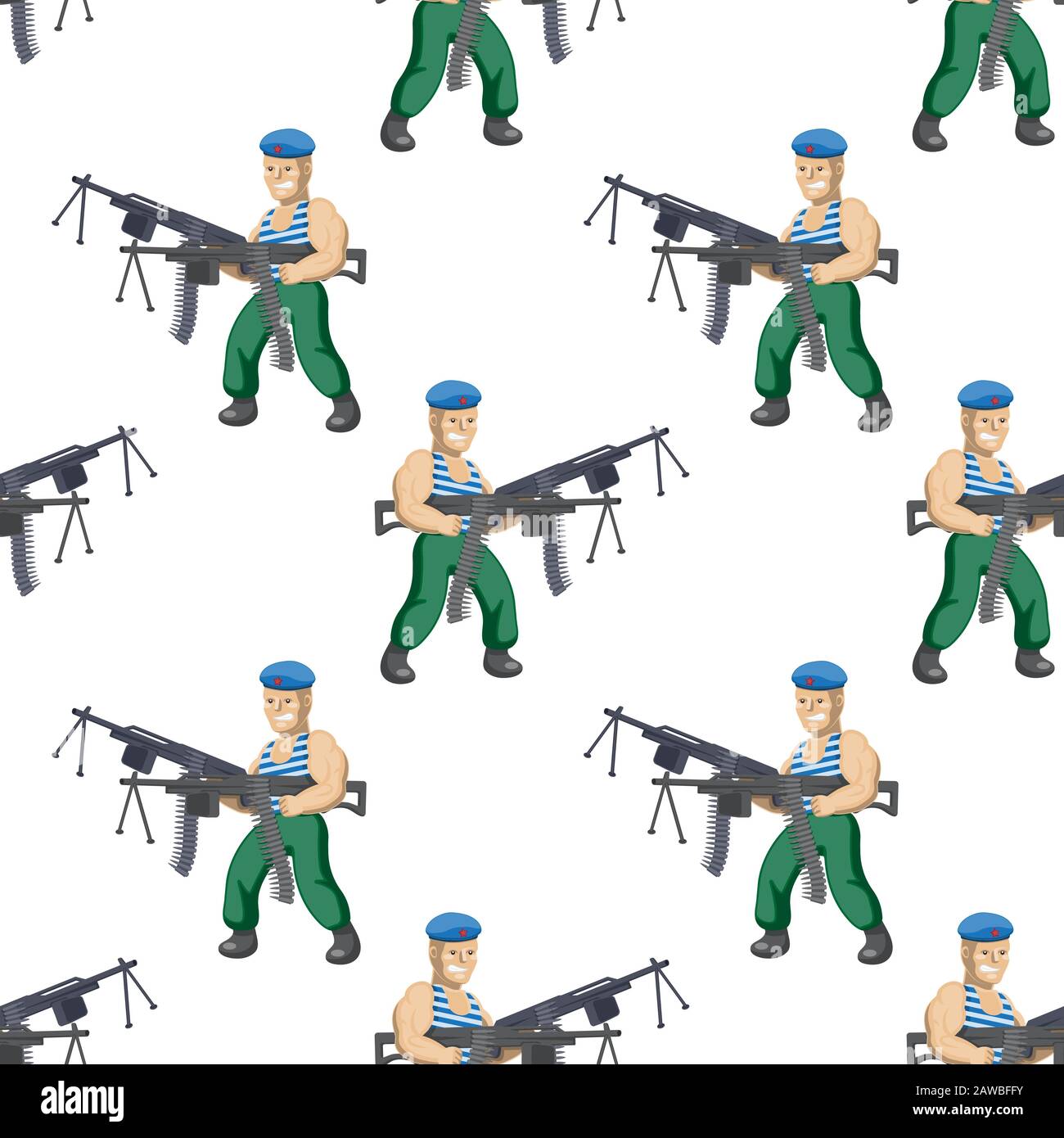 seamless pattern of a Russian paratrooper with two machine guns on a white background. Vector image Stock Vector