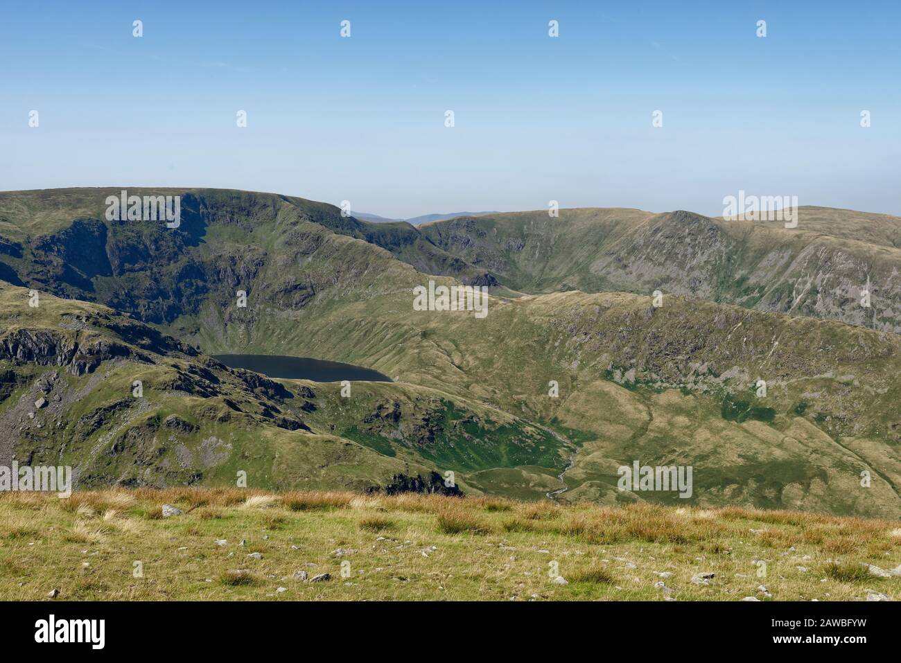 View from Harter Fell to Blea Water with Pilot Crag, High Street, Long Stile, Short Stile, Kidsty Pike & High Raise (802M right), Lake District, Cumbr Stock Photo