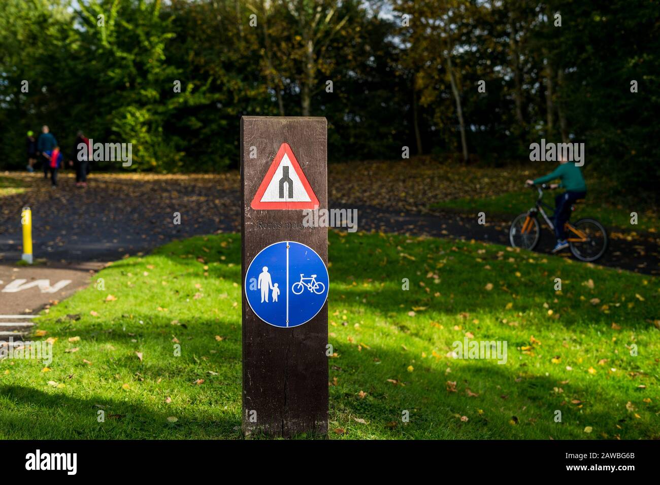 Bike and walking sign in park. Shared path for pedestrians and cyclists Stock Photo