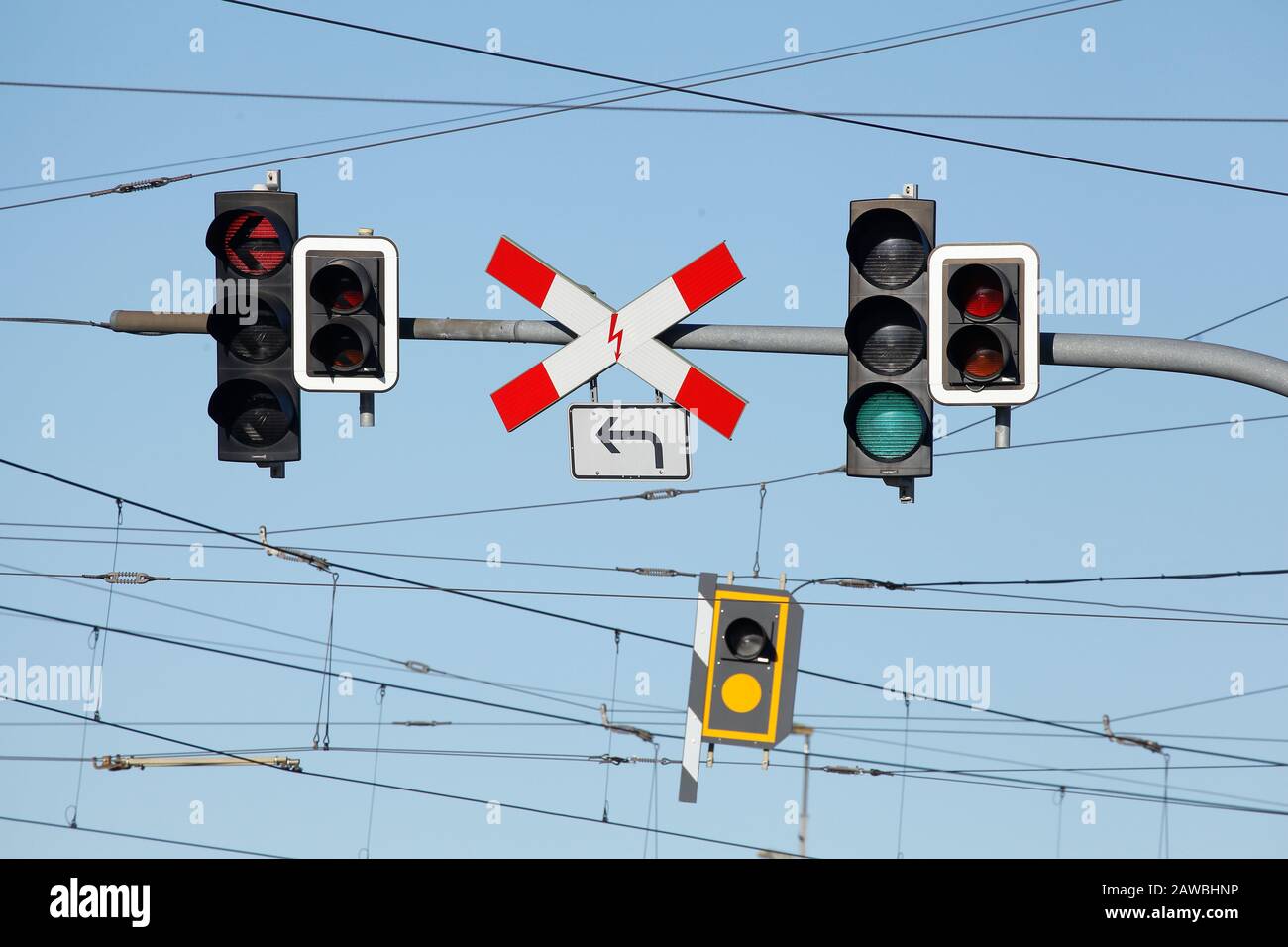 Traffic Lights With Traffic Sign Railroad Crossing Blue Sky Germany Stock Photo Alamy