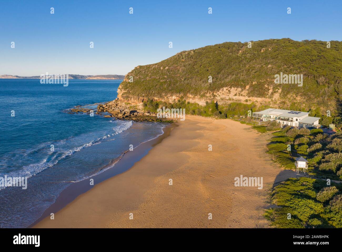 Aerial view of the beautiful Putty Beach at Killcare on the NSW central coast. Putty Beach - NSW Australia Stock Photo