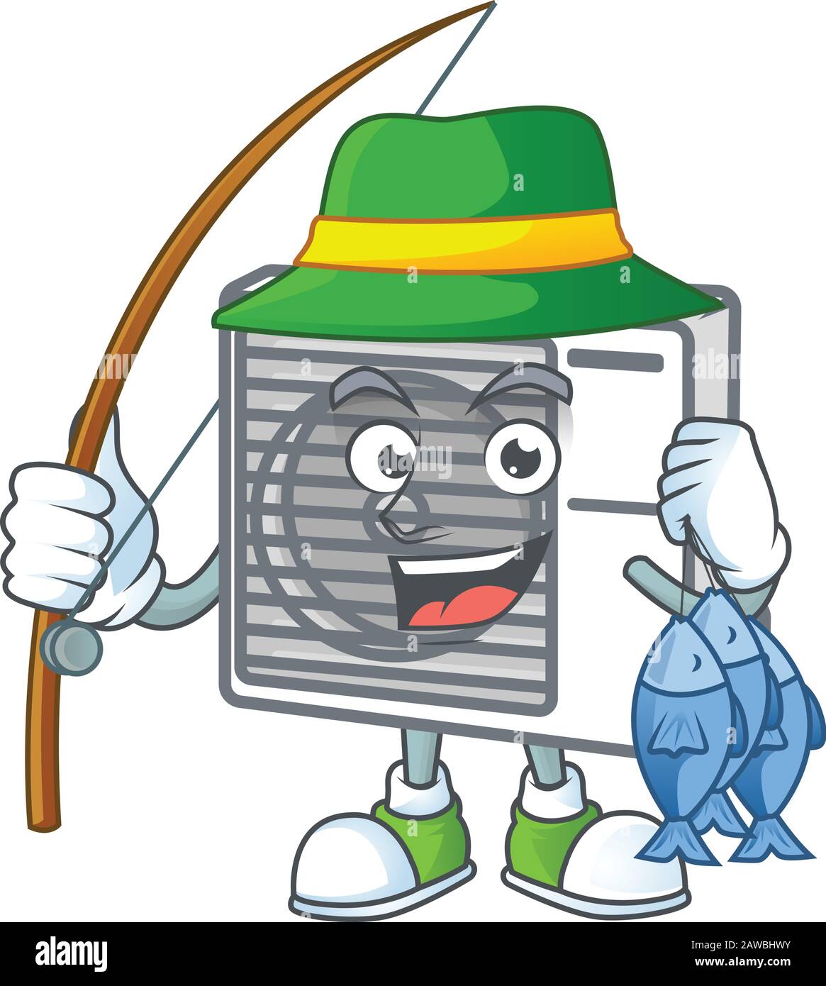 A mascot design of Fishing split air conditioner with 3 fishes Stock