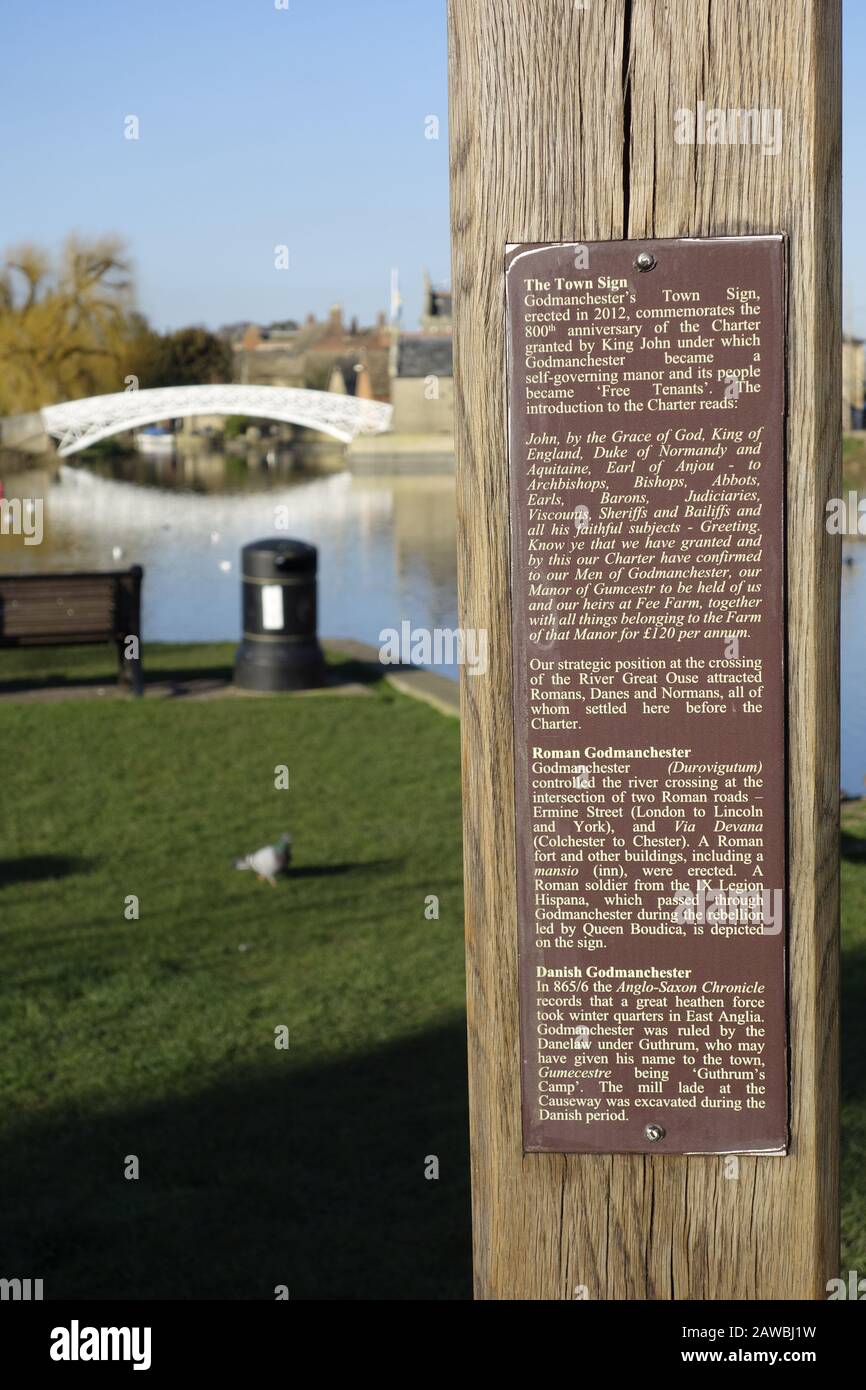 godmanchester ornate signpost , the town sign information text and