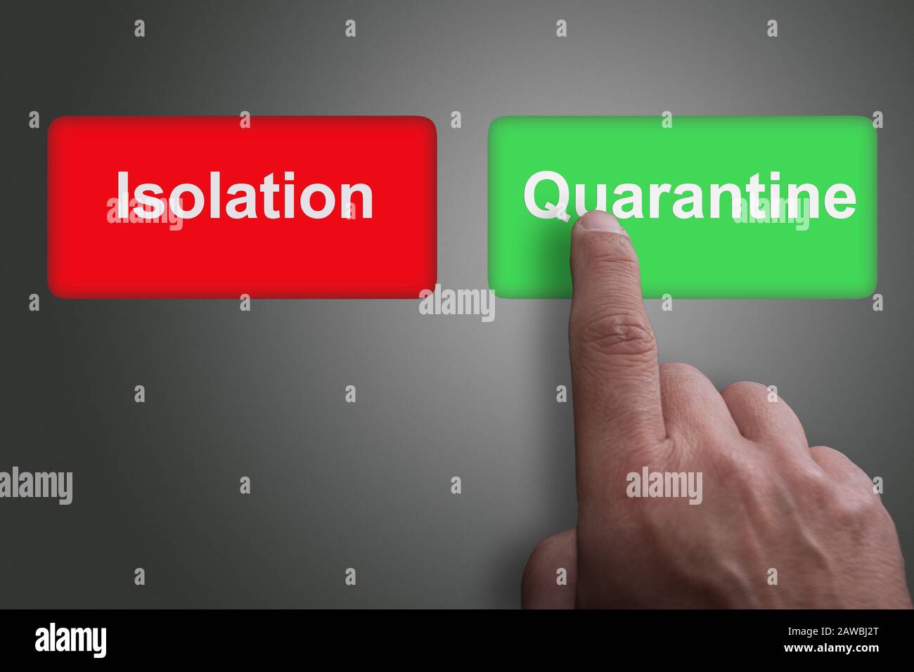 Red and green buttons with isolation and quarantine and pointing finger ...