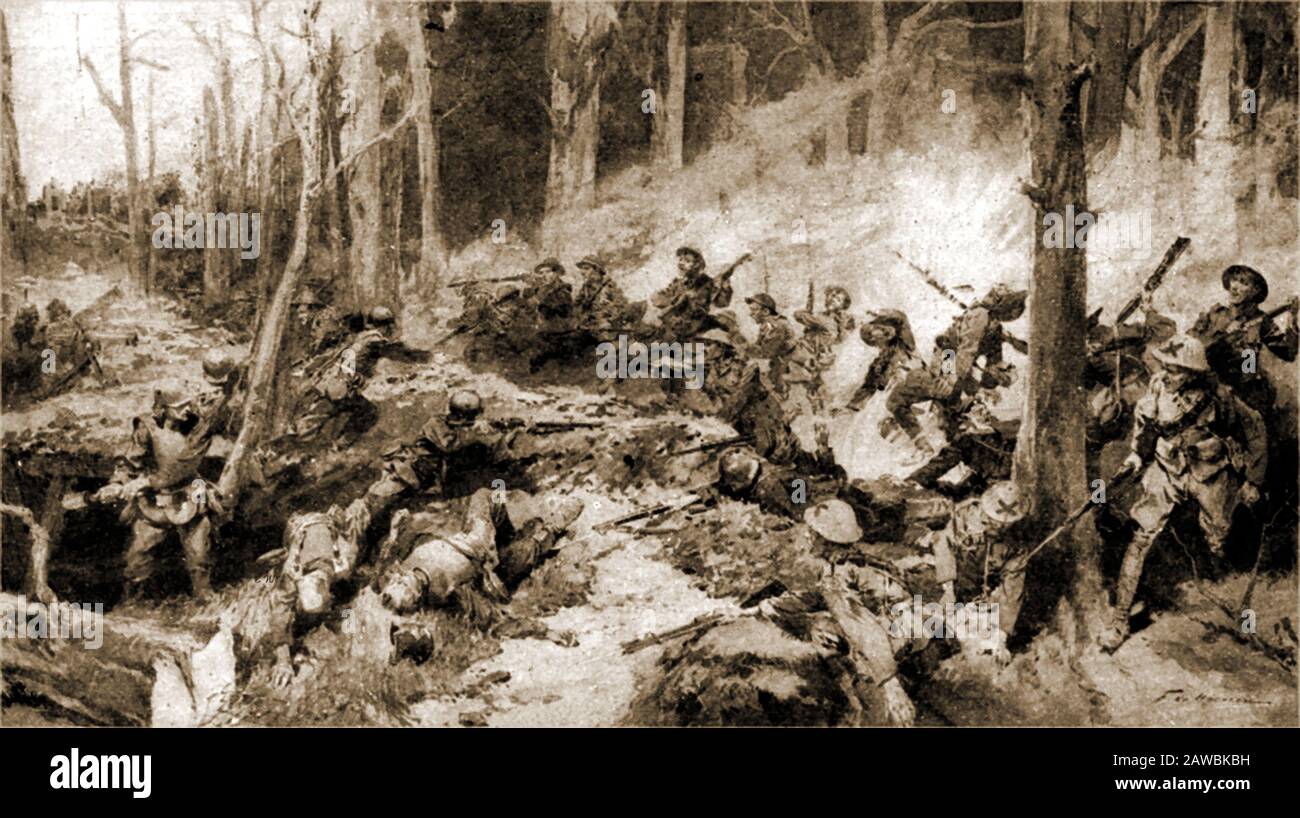 Early WWI  artist's impression of   hand to hand fighting at the 'Battle of Bourlon Wood' 23rd November 1917 (Actually  the  fight for Bourlon Ridge in the Battle of Cambrai  aka First Battle of Cambrai and Schlacht von Cambrai) Stock Photo