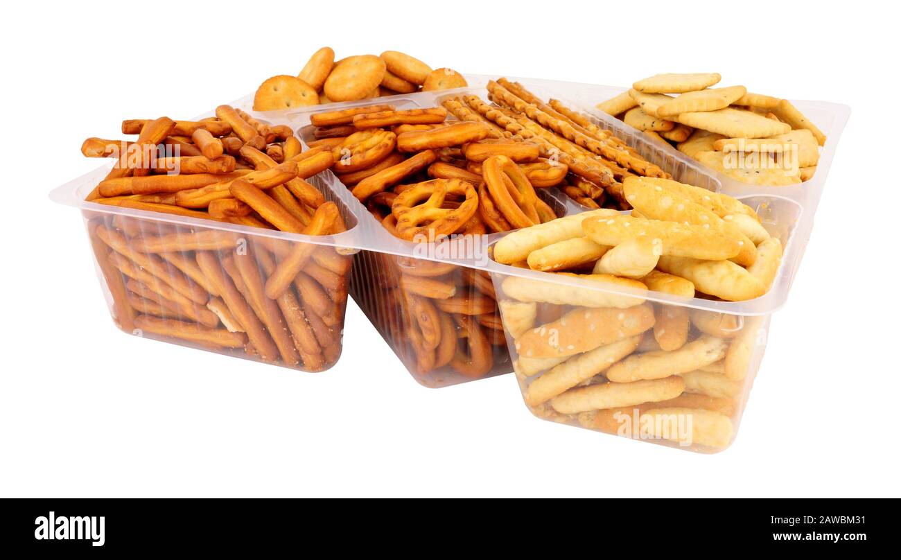 Pack of savoury pretzel and cracker snack mix isolated on a white