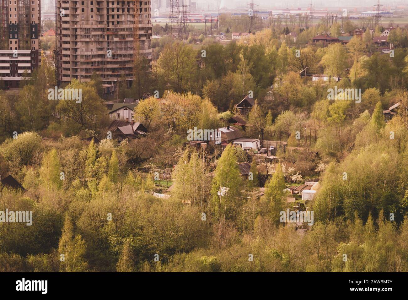 Wooden Houses In The Forest Near Modern Building Construction Aerial View Rural Landscape From High View Stock Photo Alamy