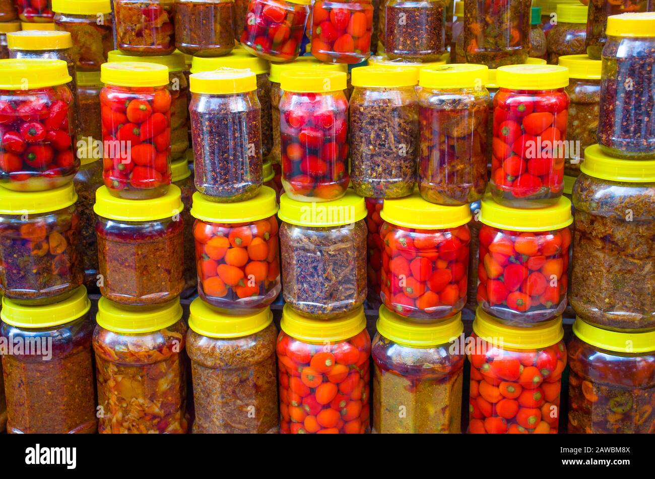 Canned vegetables in glass jars nepal market Stock Photo Alamy
