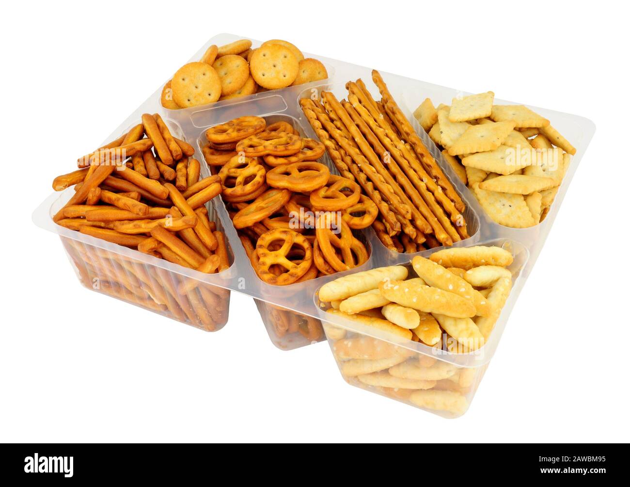 Pack of savoury pretzel and cracker snack mix isolated on a white