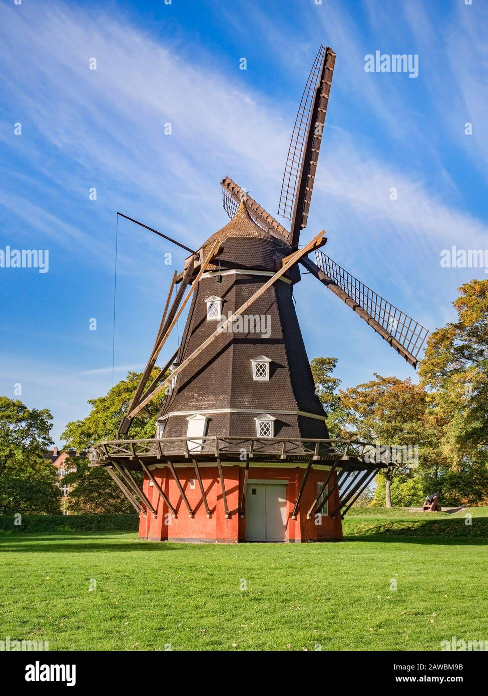 Windmill inside Kastellet, a 17th Century fortress in Copenhagen, Denmark, which is still an active military establishment. Stock Photo