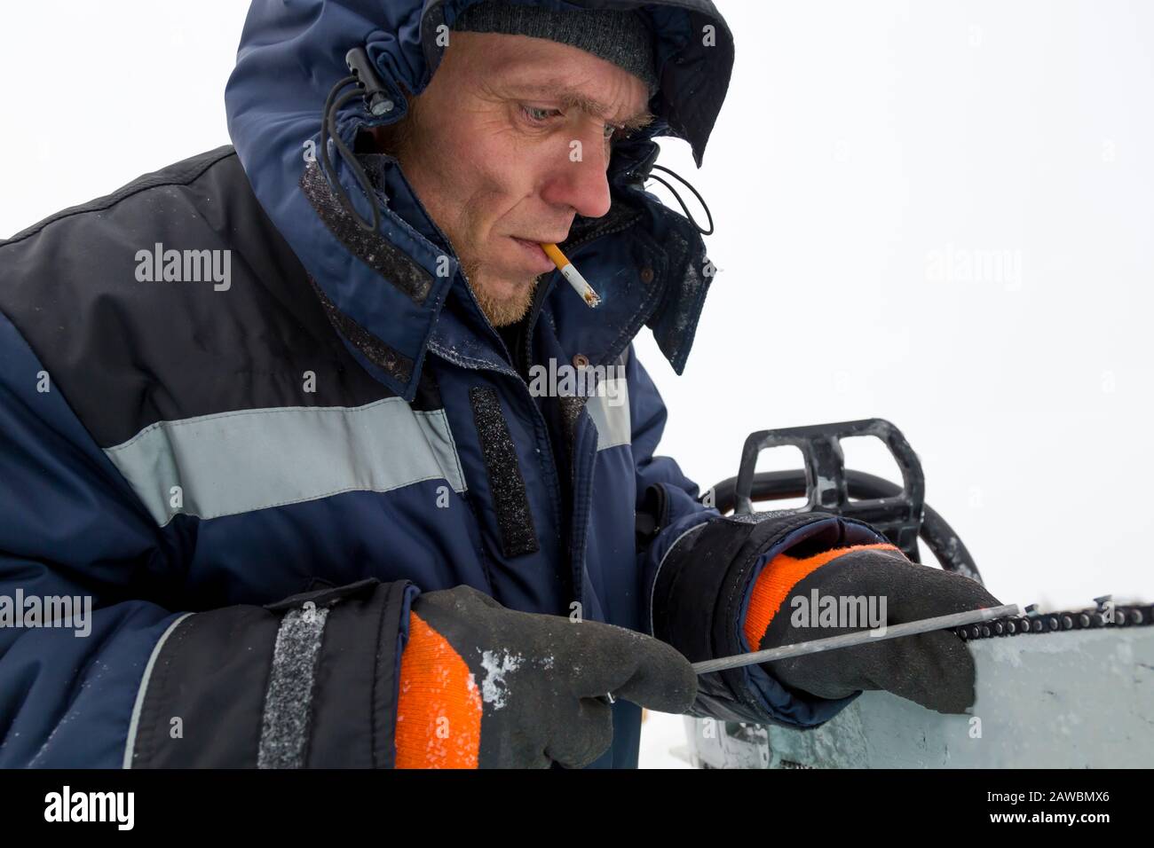 A worker in a blue jacket sharpens a chainsaw chain. Stock Photo