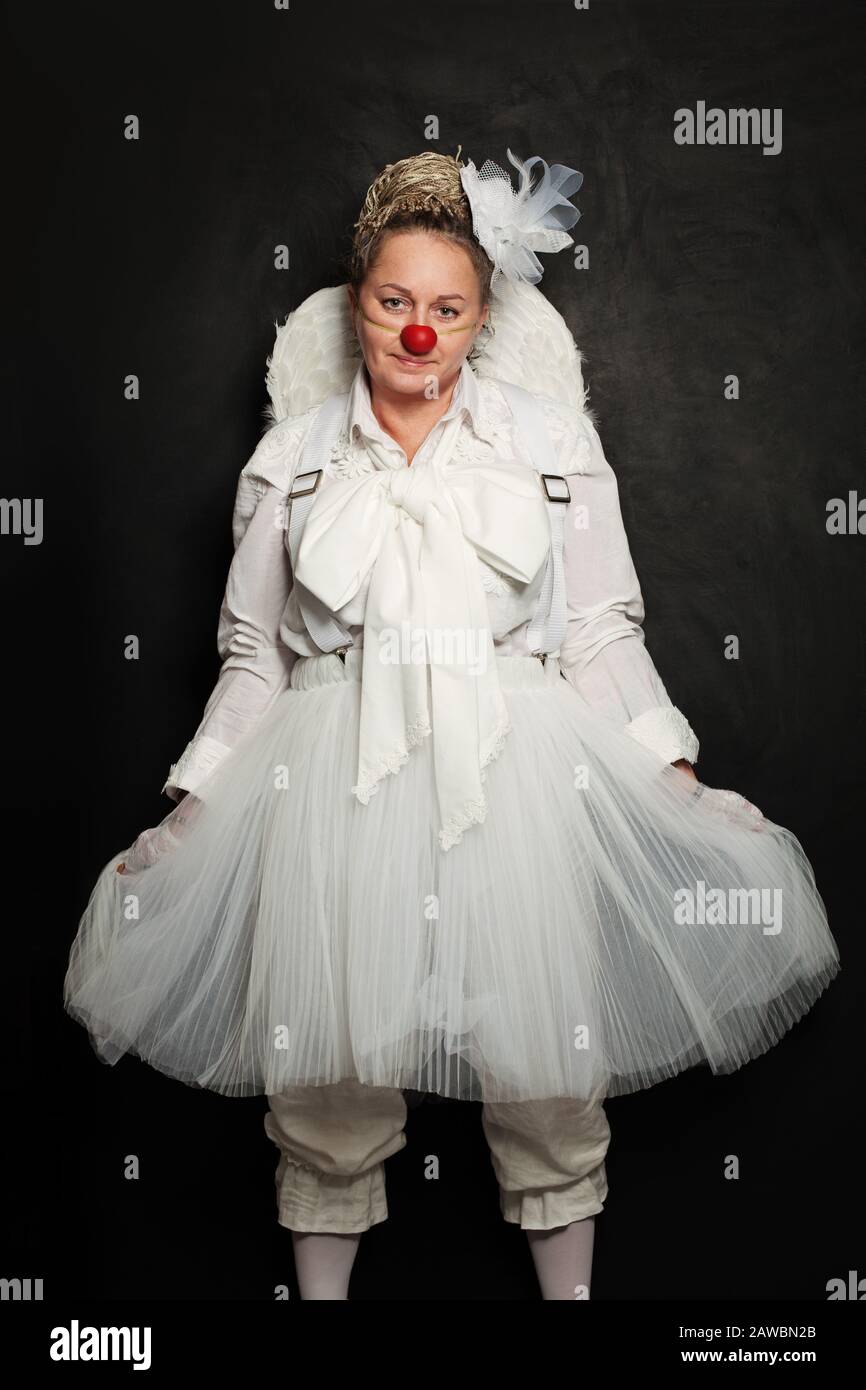 Сlown. Performance Actress at work, White Clown Character Stock Photo