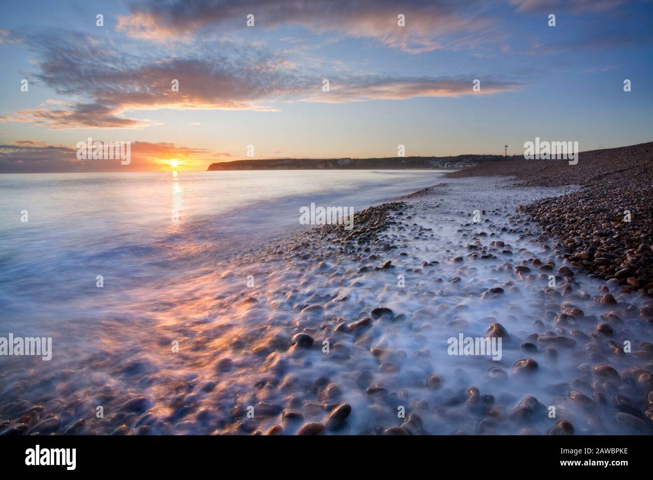 Seaton Bay at sunset Axmouth, Devon,  England Stock Photo