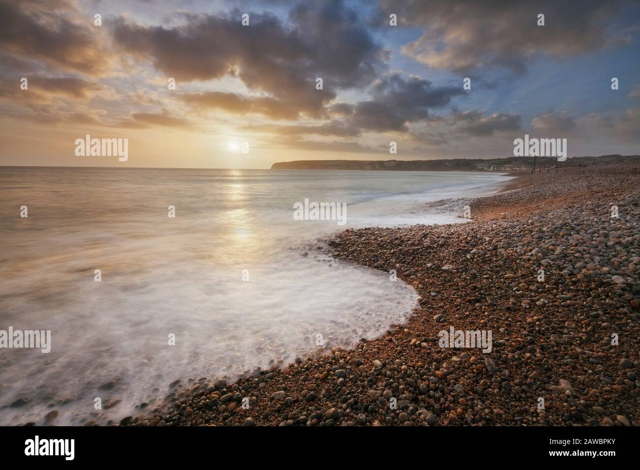 Seaton Bay at sunset Axmouth, Devon,  England Stock Photo