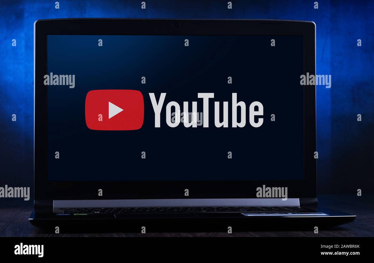 POZNAN, POL - NOV 14, 2019: Laptop computer displaying logo of YouTube, an American video-sharing website headquartered in San Bruno, California. It o Stock Photo