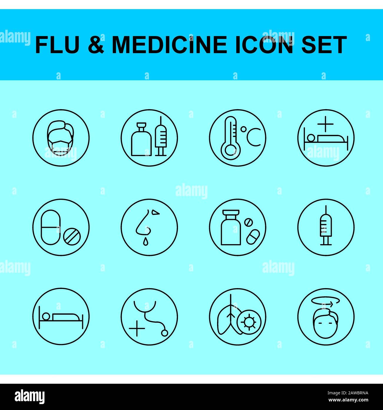 influenza and medicine icon set. Outline style.Flu, fever,cold, Virus, corona, lung, wash, hand, bottle, tablet, vaccine, bed, rest, anti-virus, sprea Stock Photo