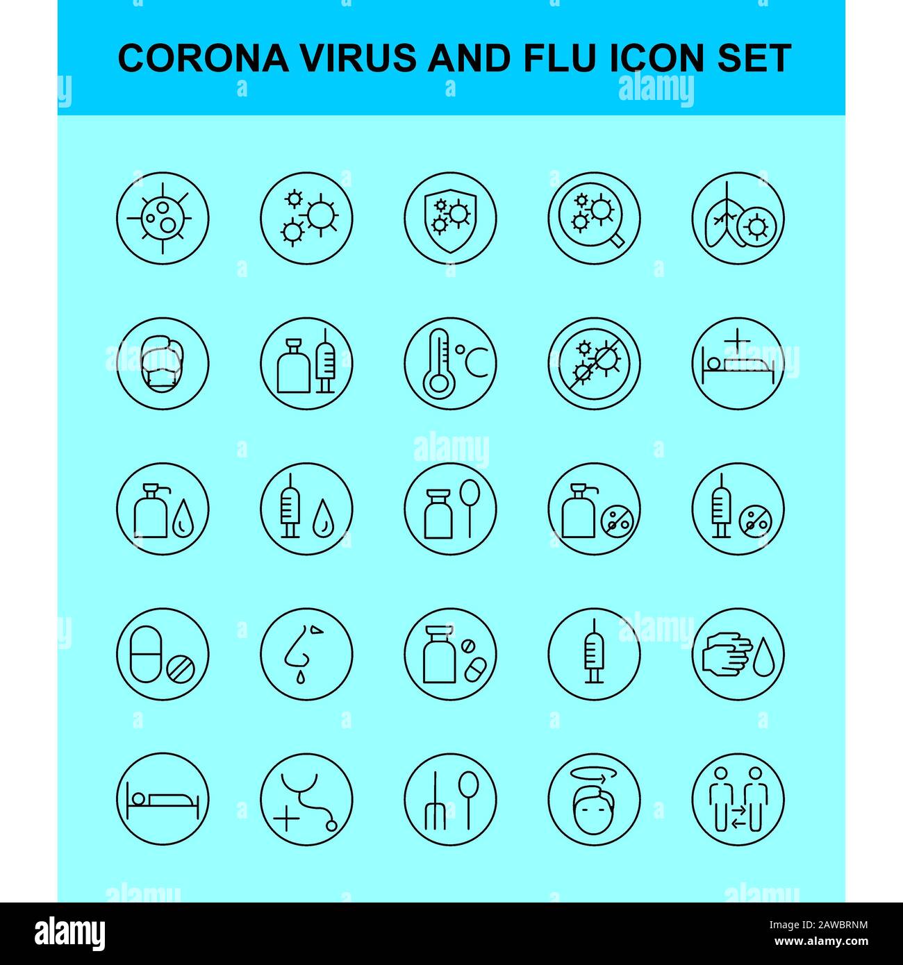 Corona virus and influenza icon set. Outline style. Virus, corona, lung, wash, hand, bottle, tablet, vaccine, bed, rest, anti-virus, spread, Flu, feve Stock Photo