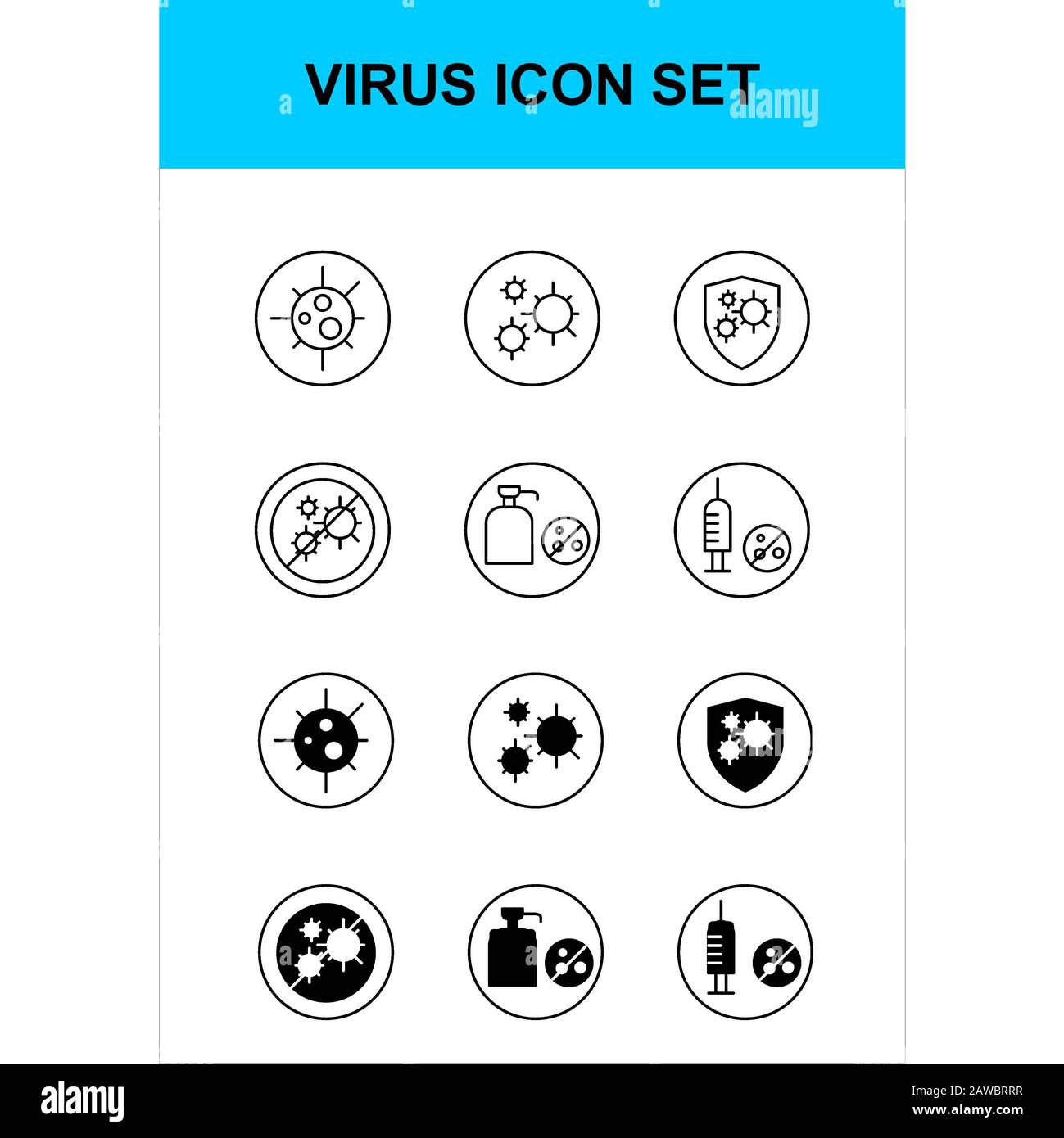 virus icon set. Corona. glyph and outline style.Flu, fever,cold, Virus, corona, lung, wash, hand, bottle, tablet, vaccine, bed, rest, anti-virus. Stock Photo