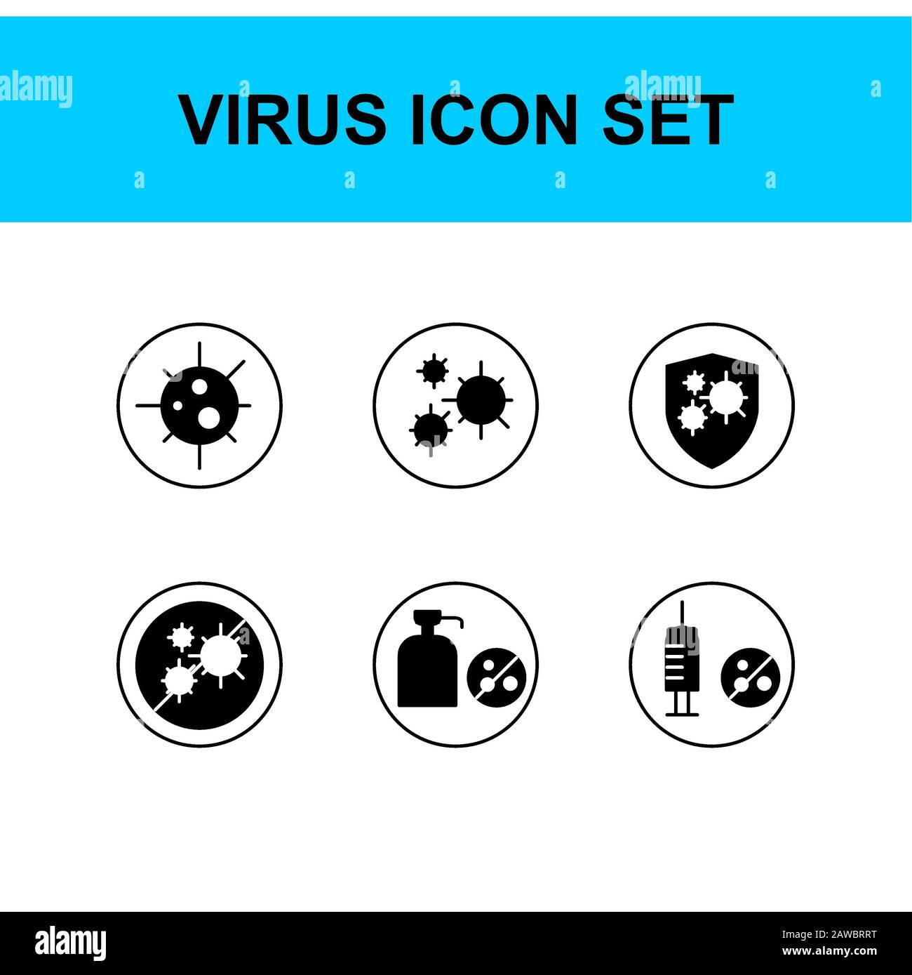 virus icon set. glyph style.Flu, fever,cold, Virus, corona, lung, wash, hand, bottle, tablet, vaccine, bed, rest, anti-virus, spread. editable icon. Stock Photo