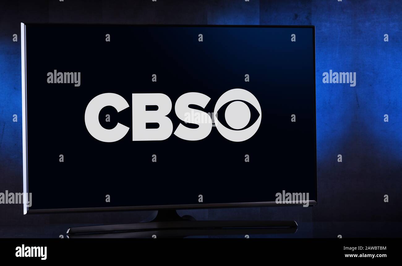 POZNAN, POL FEB 04, 2020 Flatscreen TV set displaying logo of CBS