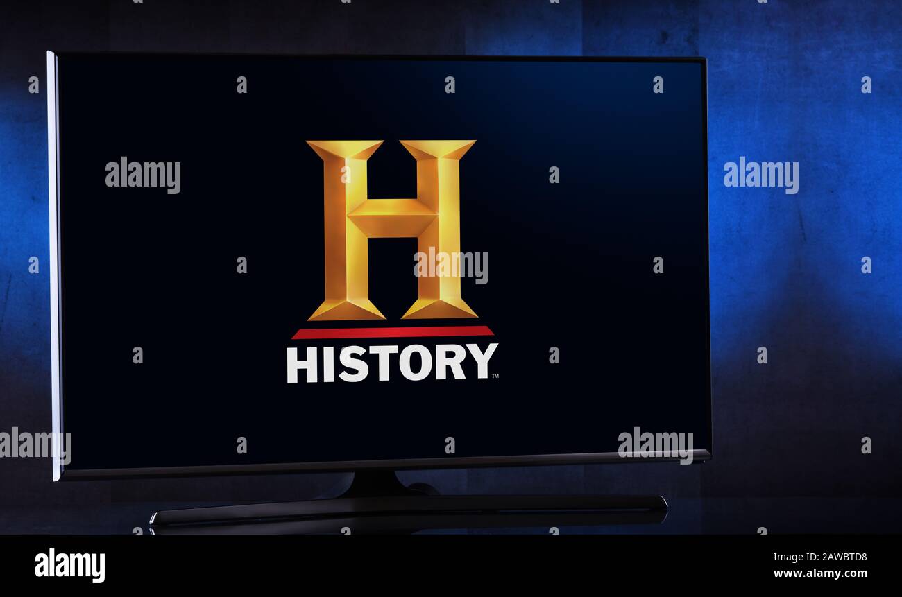 POZNAN, POL FEB 04, 2020 Flatscreen TV set displaying logo of