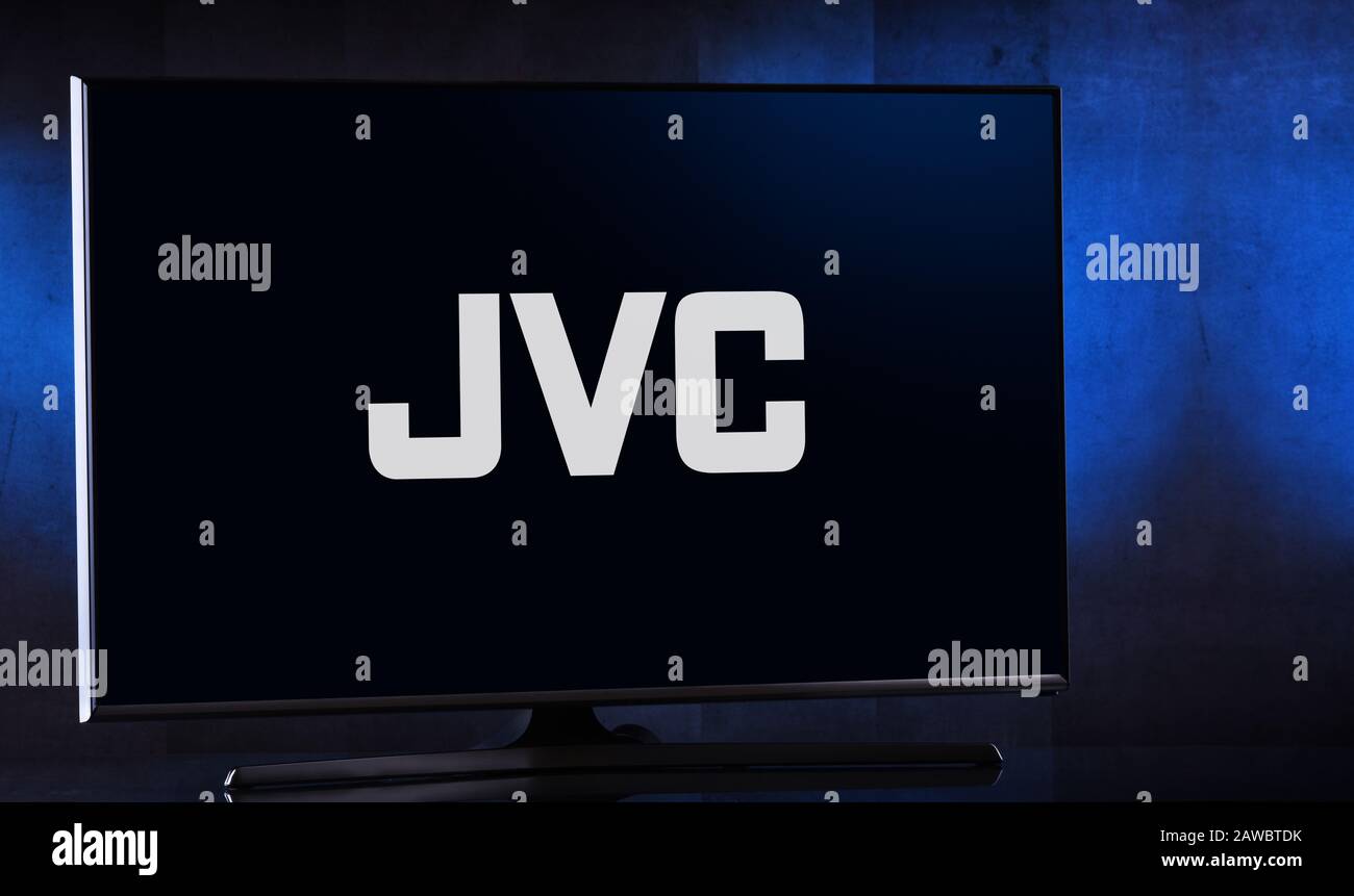 POZNAN, POL - FEB 04, 2020: Flat-screen TV set displaying logo of JVC, a  Japanese international professional and consumer electronics corporation  base Stock Photo - Alamy
