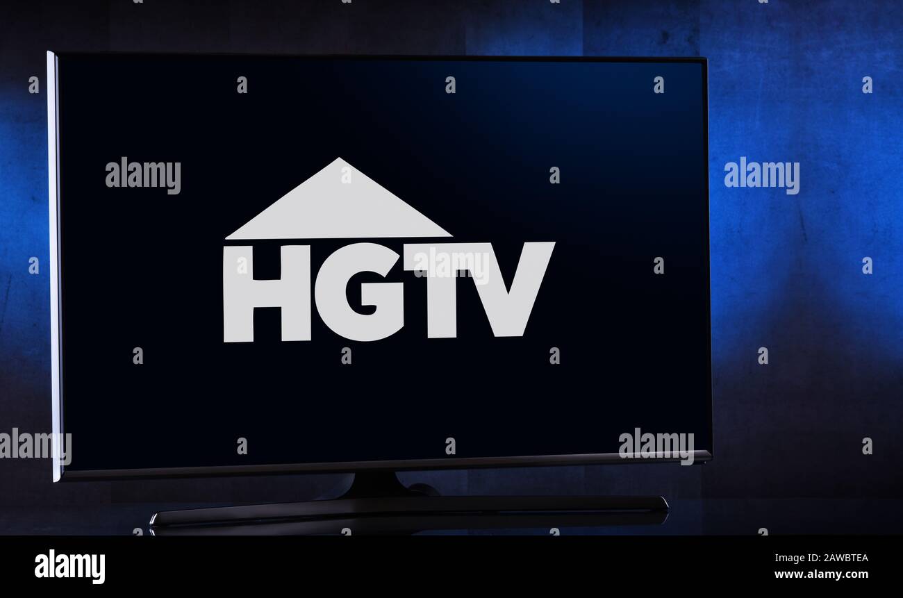 POZNAN, POL FEB 04, 2020 Flatscreen TV set displaying logo of HGTV