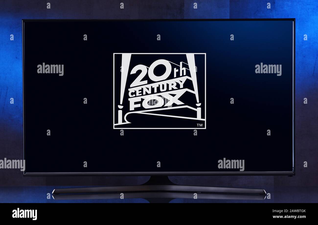 POZNAN, POL - FEB 04, 2020: Flat-screen TV set displaying logo of 20th Century Studios, an American film studio that is a subsidiary of The Walt Disne Stock Photo