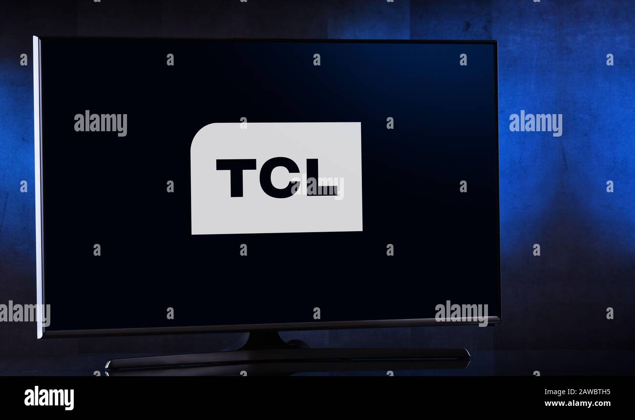 POZNAN, POL - FEB 04, 2020: Flat-screen TV set displaying logo of TCL ...