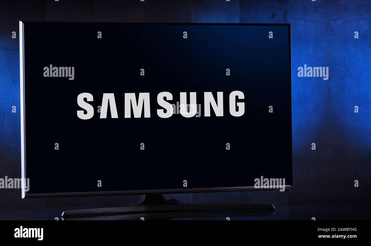 POZNAN, POL - FEB 04, 2020: Flat-screen TV set displaying logo of Samsung, a South Korean multinational conglomerate headquartered in Samsung Town, Se Stock Photo